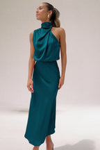 Draped Halter Neck Sleeveless Blouson Maxi Dress