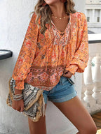 Floral Cotton Blouse with V-Neck Tie Detail