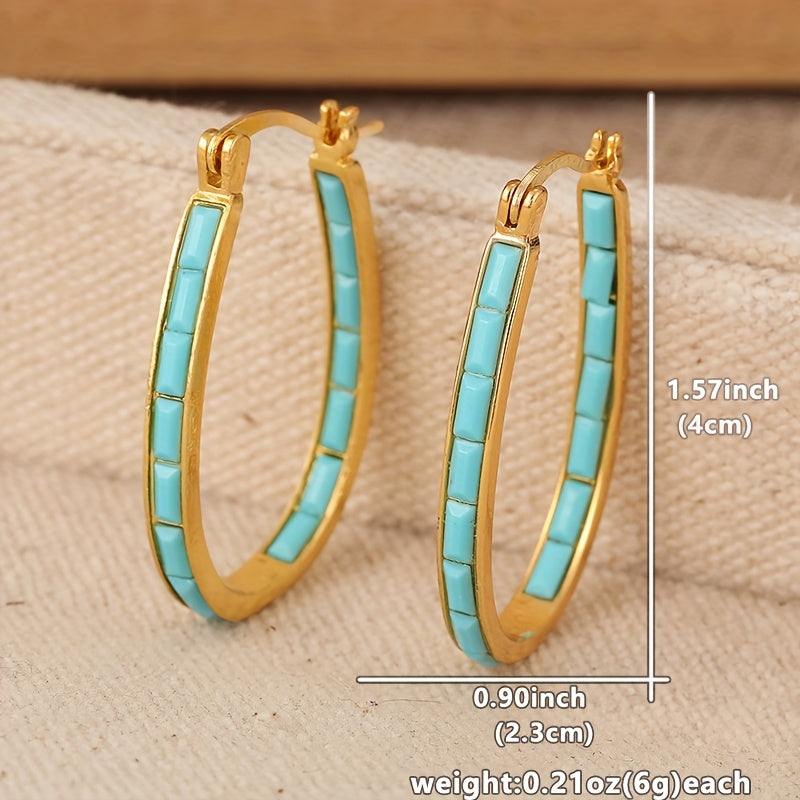 U-Shaped Synthetic Turquoise Oval Hoop Earrings