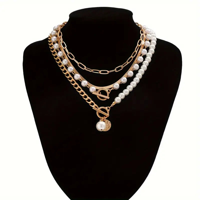 Vintage-Style Pearl and Snake Chain Necklace Set in Gold Tone