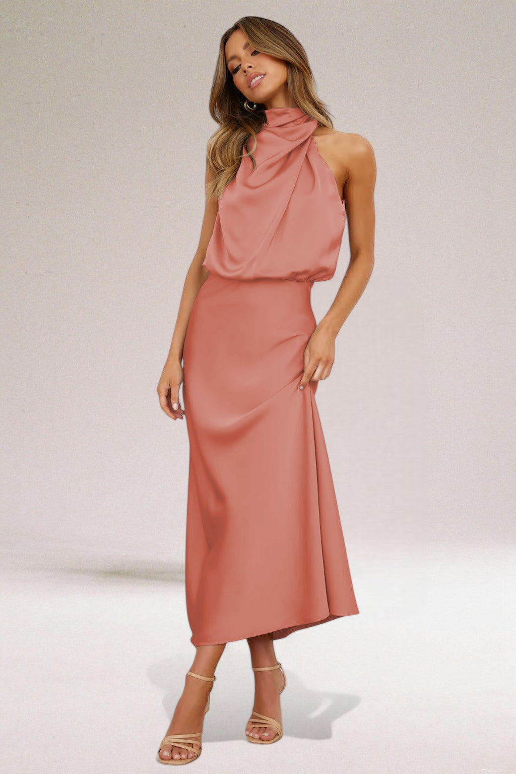 Draped Halter Neck Sleeveless Blouson Maxi Dress