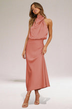 Draped Halter Neck Sleeveless Blouson Maxi Dress