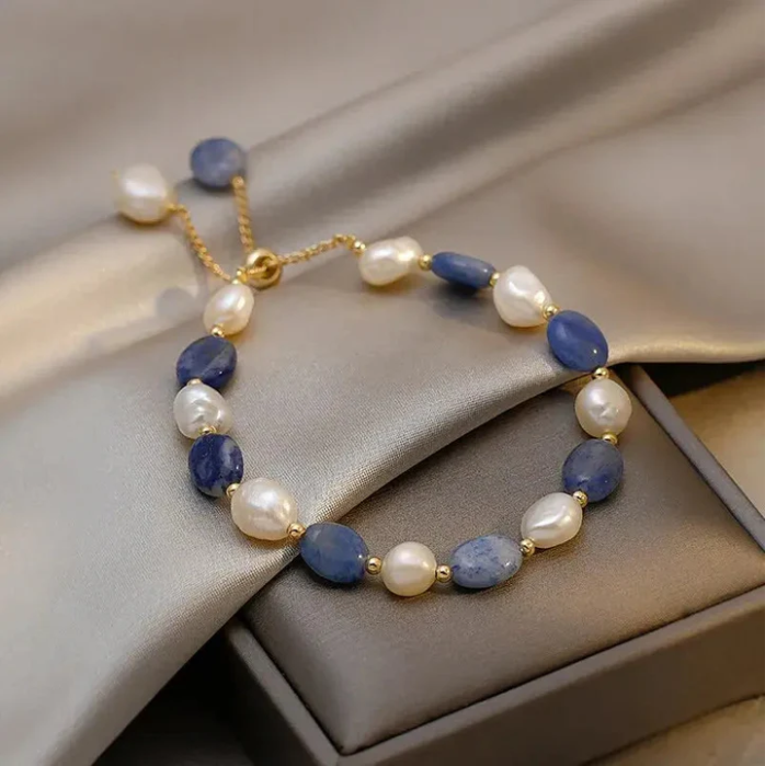 Freshwater Pearl and Blue Stone Bracelet with Ocean Theme