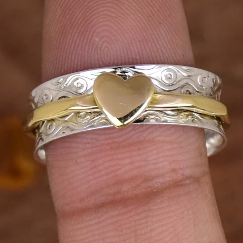 Bohemian Two-Tone Heart Spinner Band Ring