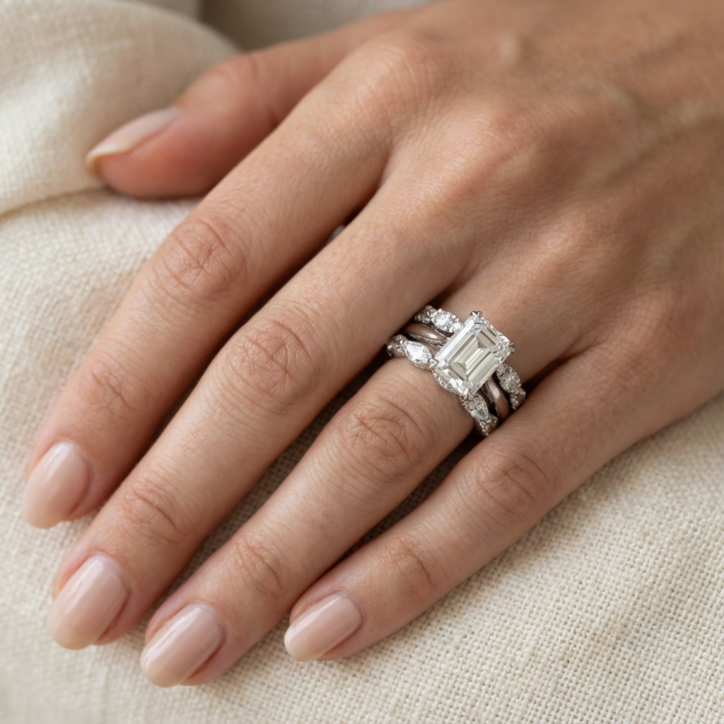 Stacked Silver-Tone Ring with Emerald-Cut Crystal and Pavé Rows