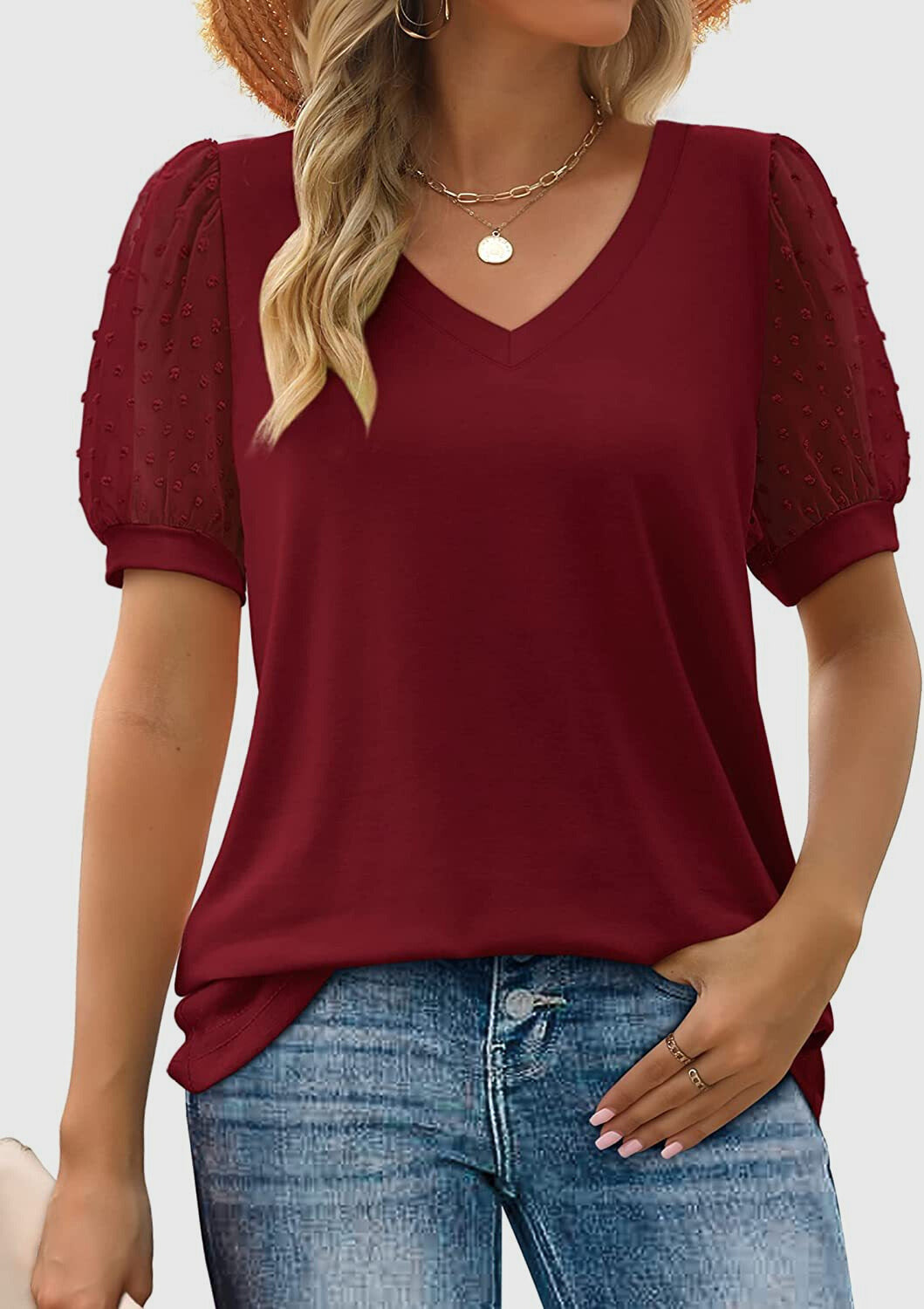 Puff Sleeve V-Neck Blouse with Dot Pattern