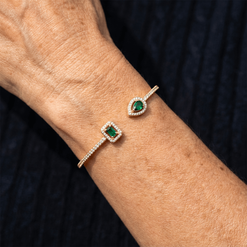 Gold-Tone Open Cuff with Green Square Stones