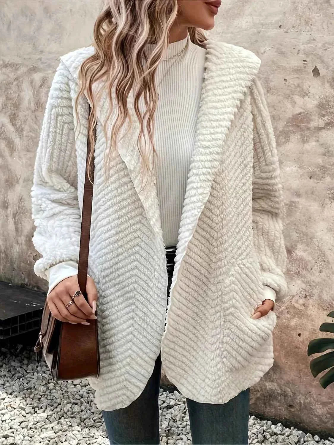 Fluffy Fleece Cardigan with Hood and Open Front Styling