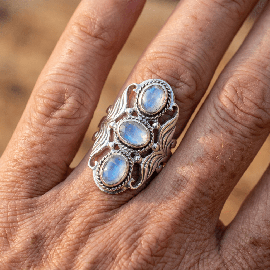 Triple Moonstone-Look Stone Ring with Silver-Tone Scroll Band