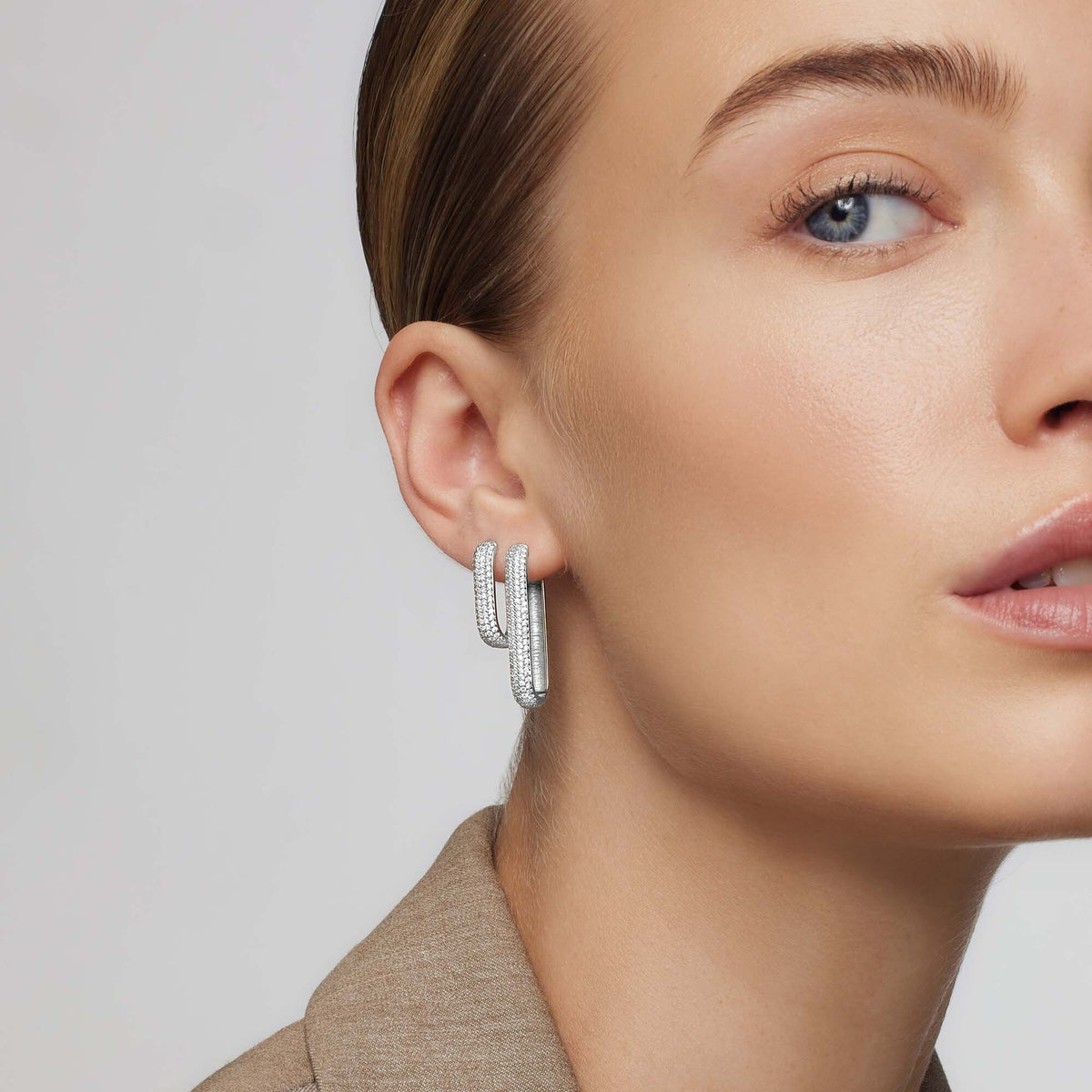 Rectangular Pavé Hoop Earrings in Two Metal Tones