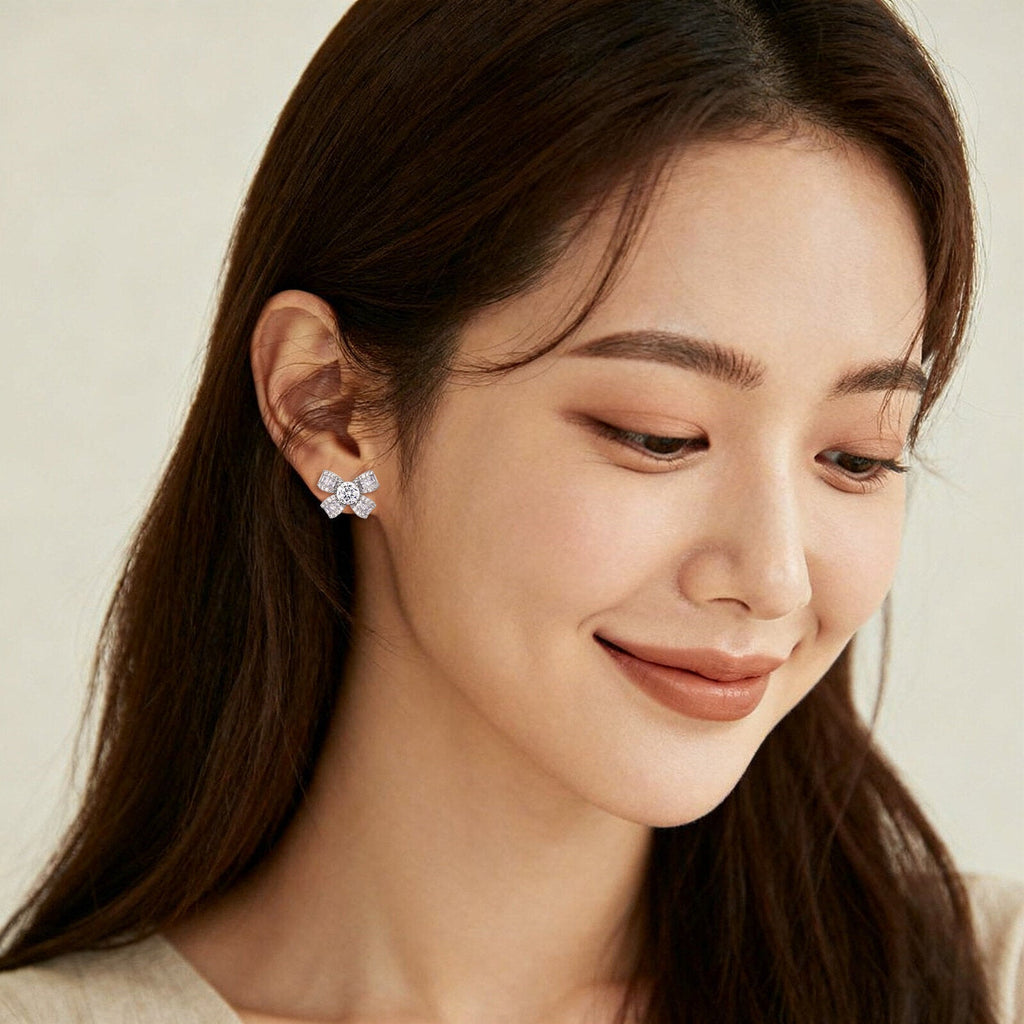 925 Sterling Silver Floral Moissanite Earrings with Round Centre Stone