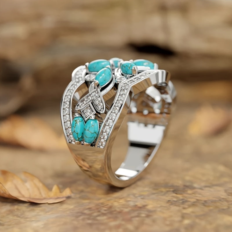 Oval Cluster Ring with Turquoise-Look Stones and Crystals
