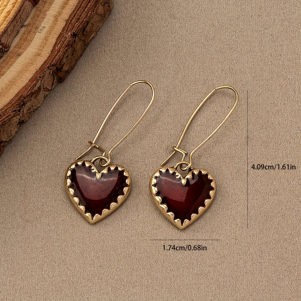 Vintage Bohemian Red Resin Drip Heart Earrings