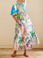 Printed Short Sleeve Button-Front Shirt Maxi Dress