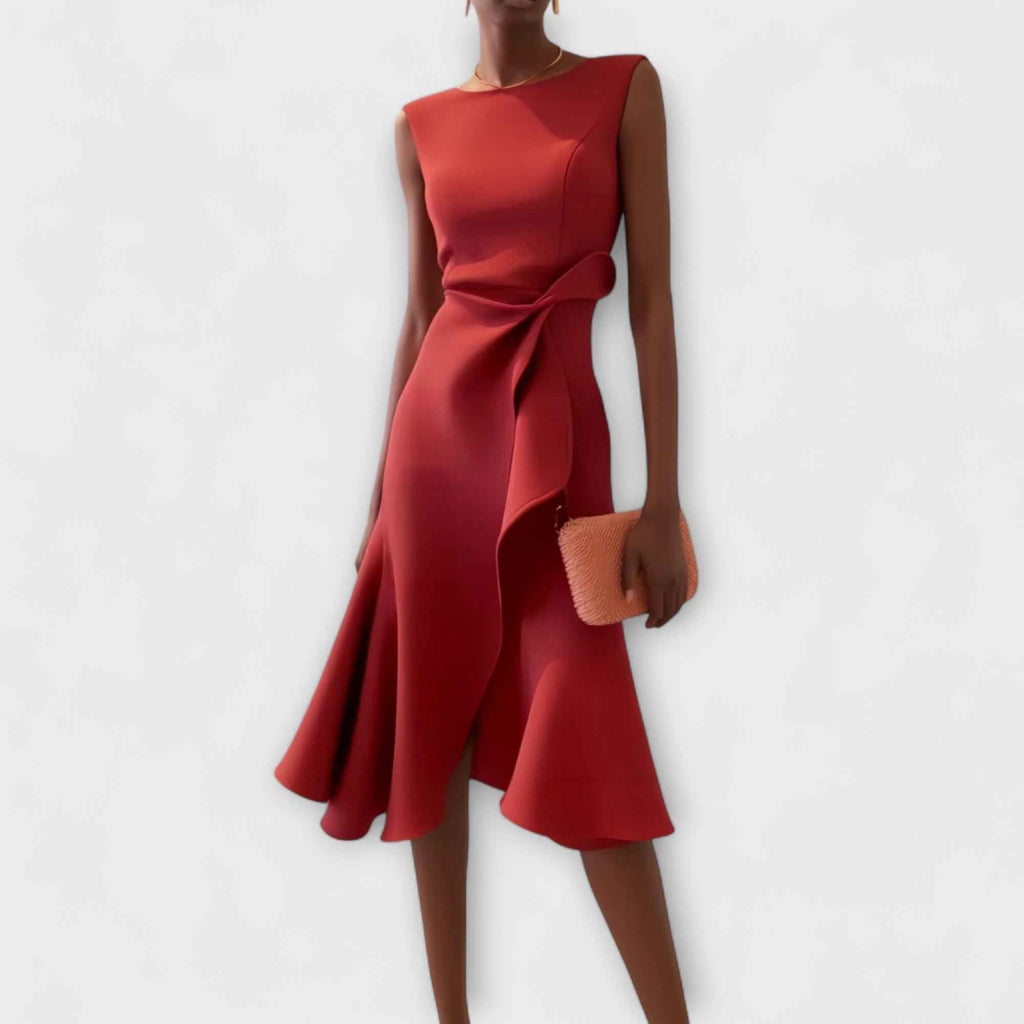 Sleeveless Midi Dress with Asymmetric Draped Skirt
