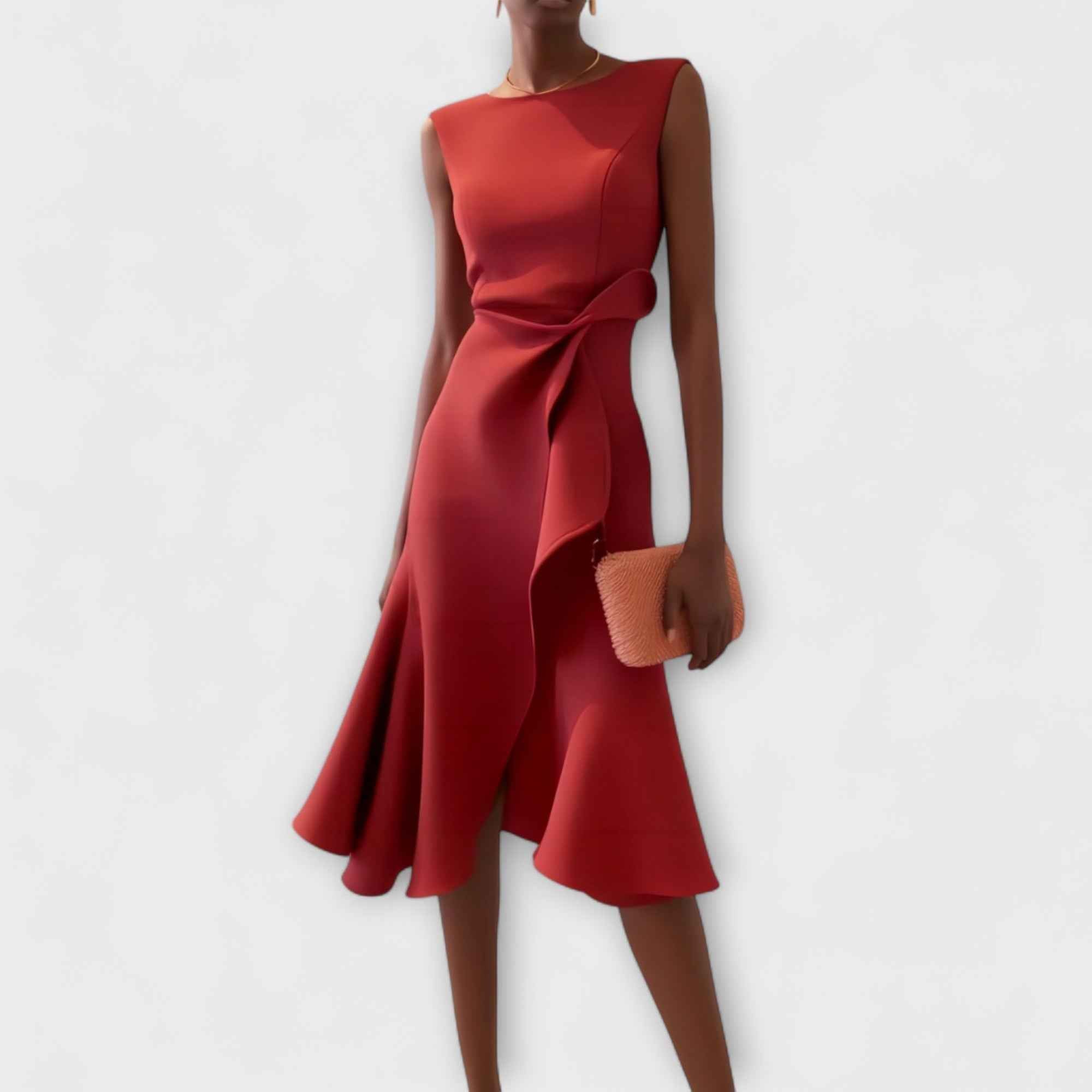 Mouwloze midi-jurk met asymmetrisch gedrapeerde rok