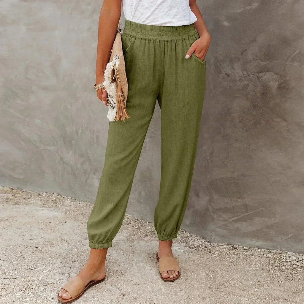 Cuffed Trousers in Linen with Elastic Waist