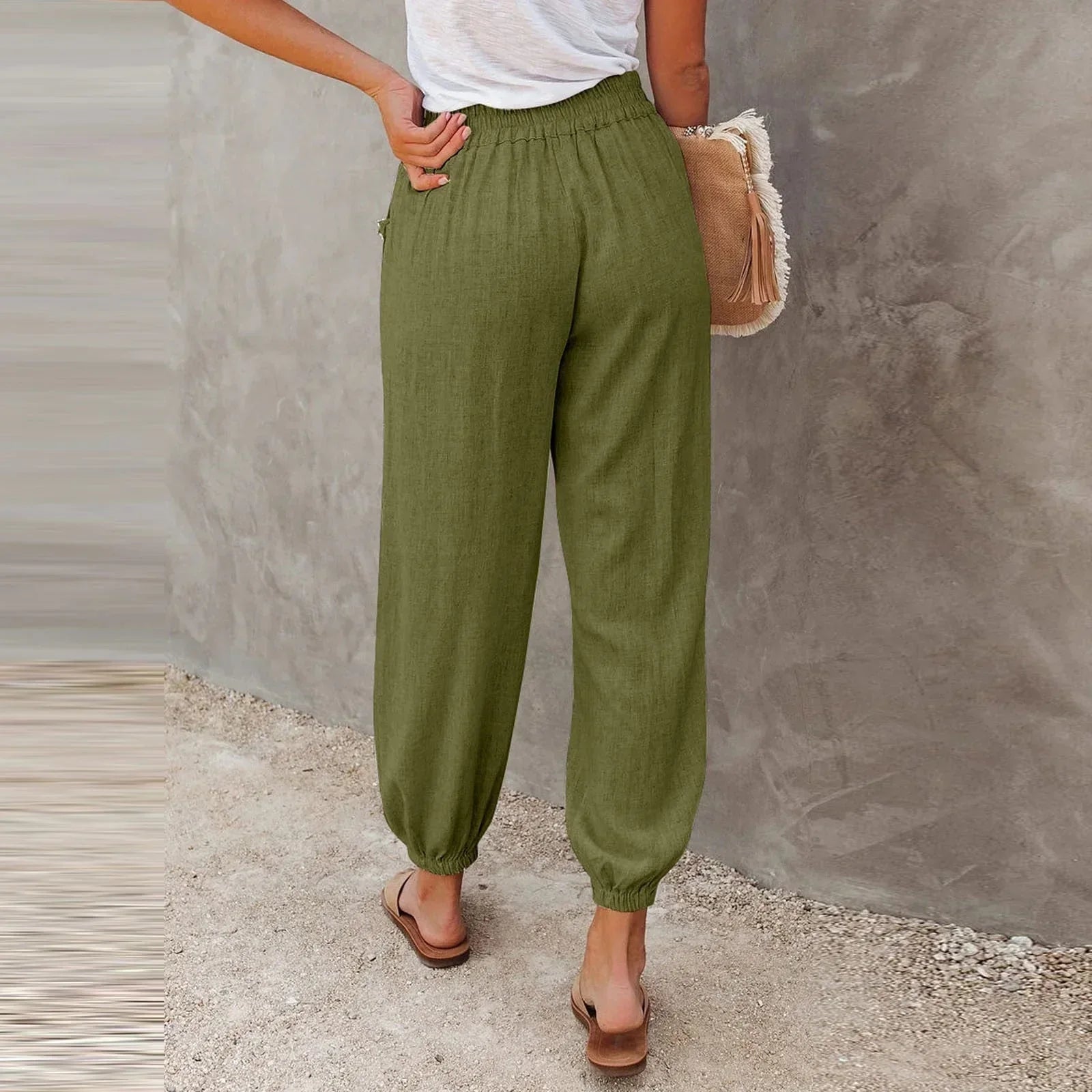 Cuffed Trousers in Linen with Elastic Waist