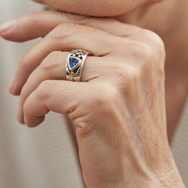Two-Tone Ring with Blue Trillion Crystal and Round Accents