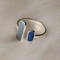 Open Cuff Ring with Twin Blue Stone Bars in Silver Tone