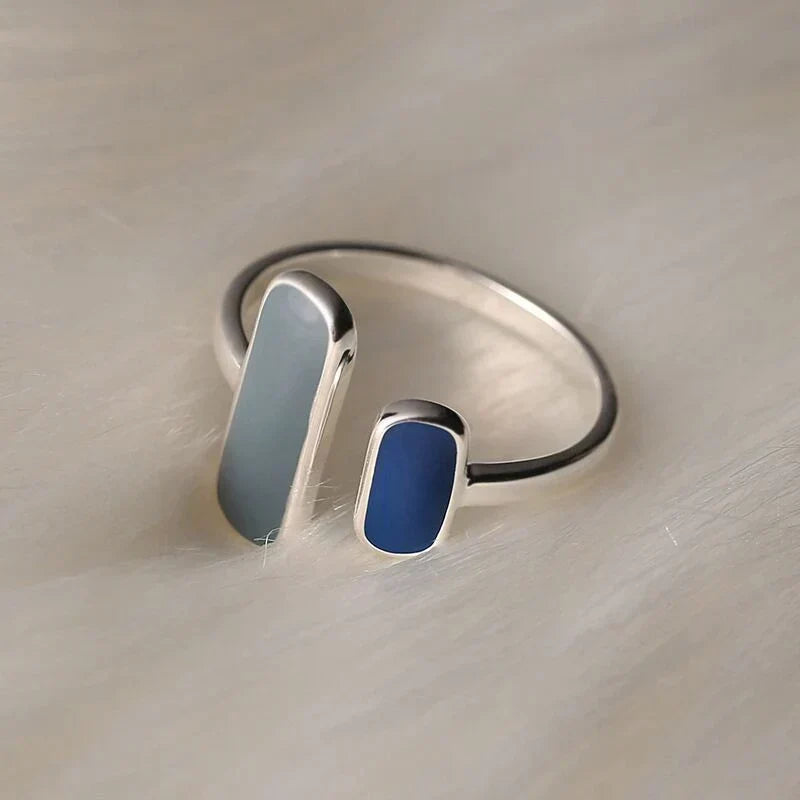Open Cuff Ring with Twin Blue Stone Bars in Silver Tone