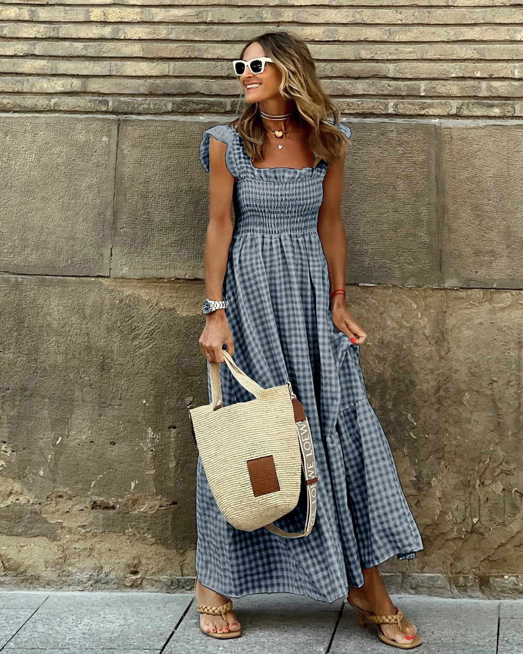 Flutter Sleeve Fitted-Bodice Flared Maxi Dress