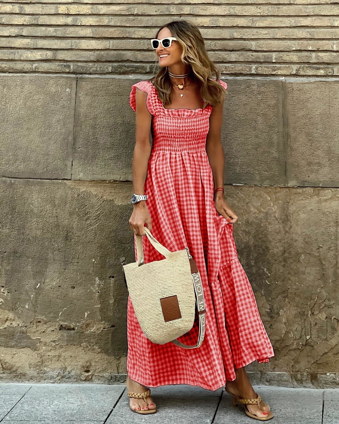 Flutter Sleeve Fitted-Bodice Flared Maxi Dress