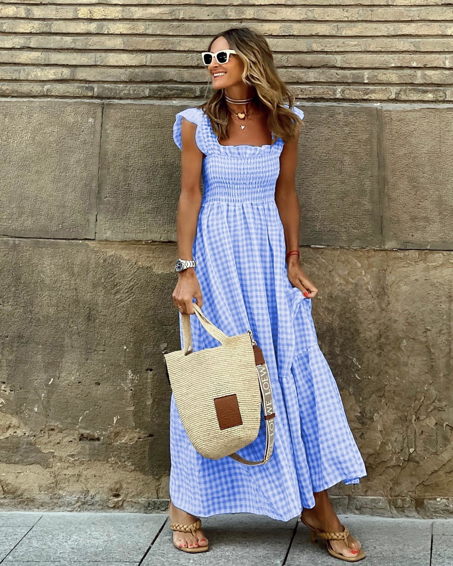 Flutter Sleeve Fitted-Bodice Flared Maxi Dress