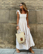 Flutter Sleeve Fitted-Bodice Flared Maxi Dress