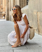 Flutter Sleeve Fitted-Bodice Flared Maxi Dress