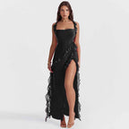 Draped Waterfall Neck Maxi Dress with Ruffles and Split
