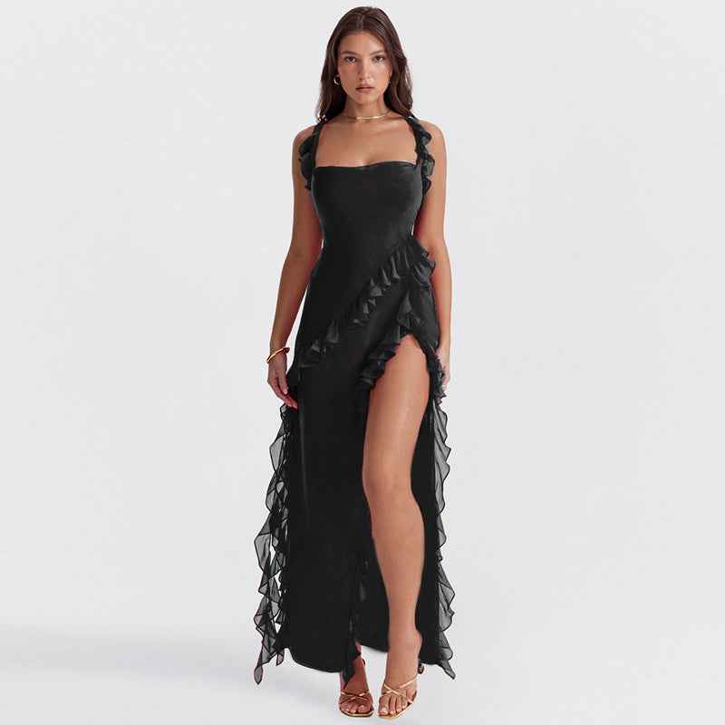 Maxi-jurk met gedrapeerde watervalhals, ruches en split