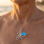 Silver-Tone Octopus Necklace with Blue Opal-Look Stone