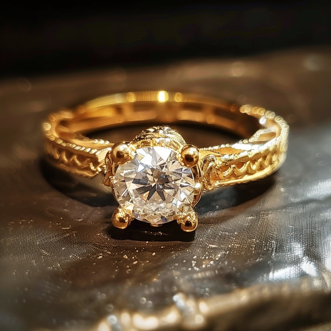 Gold-Tone Solitaire Ring with Round Zirconia and Rope Band