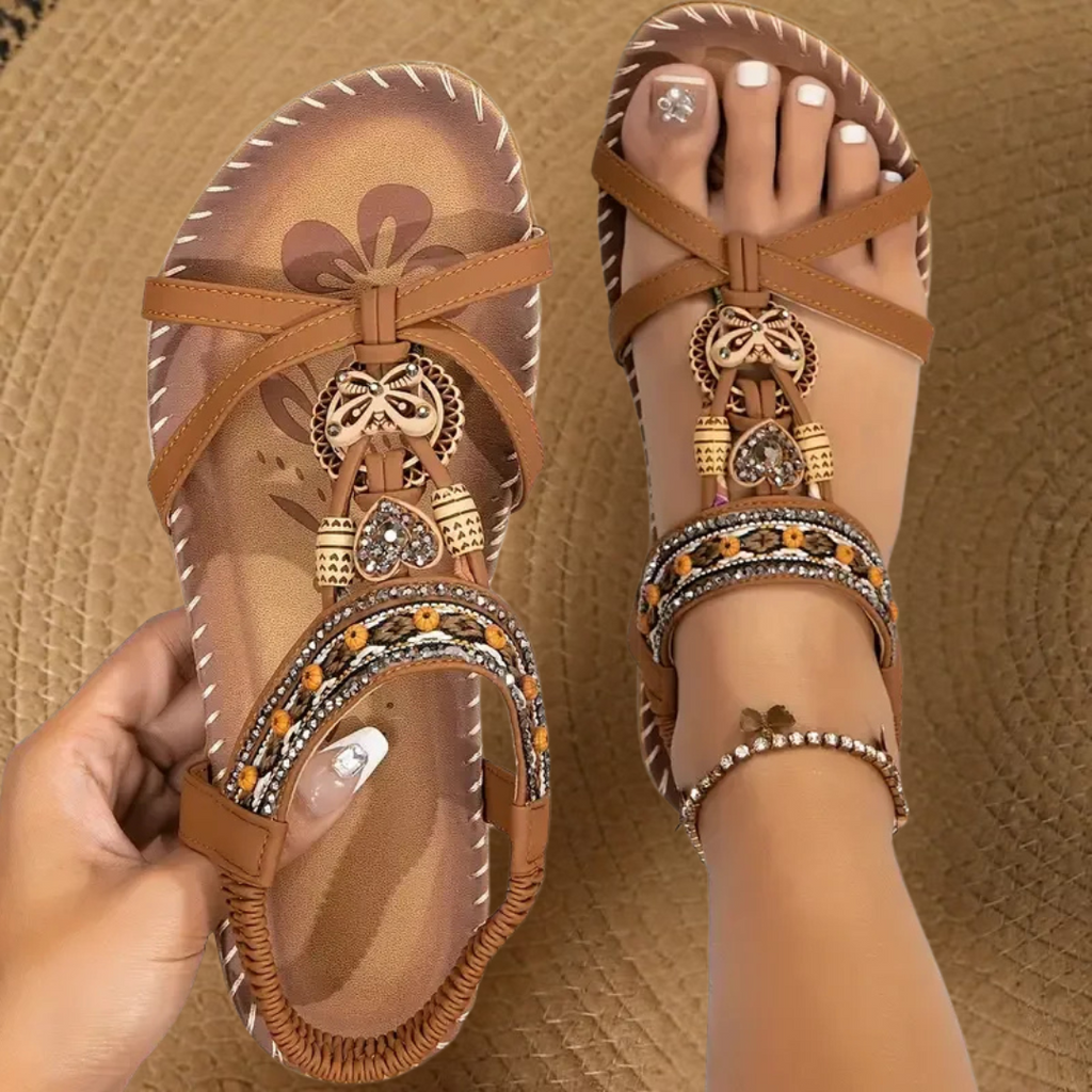 Beaded Flat T-Strap Sandals with Patterned Footbed