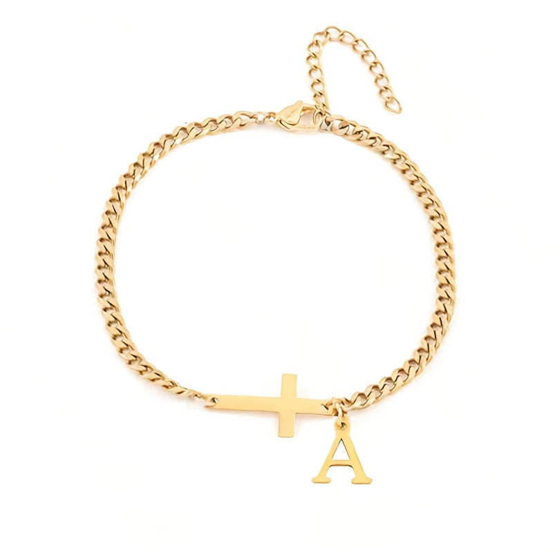 Pulseira com Inicial e Cruz em Tom Dourado