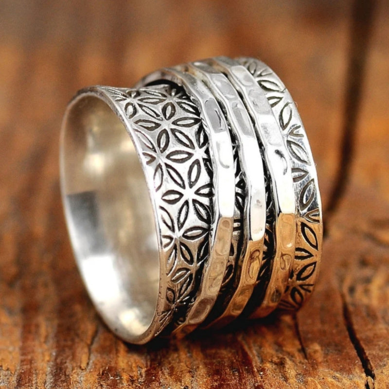 Vintage-Style Boho Floral Wide Silver-Plated Ring