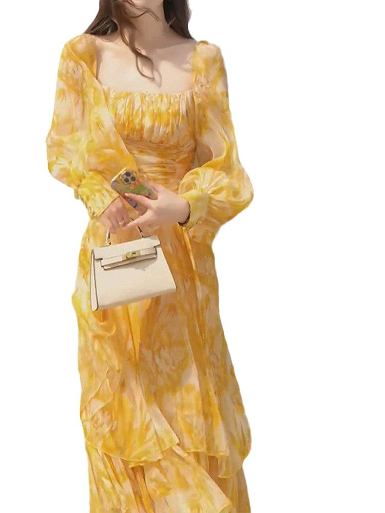 Yellow Square Collar Puff Sleeve Dress