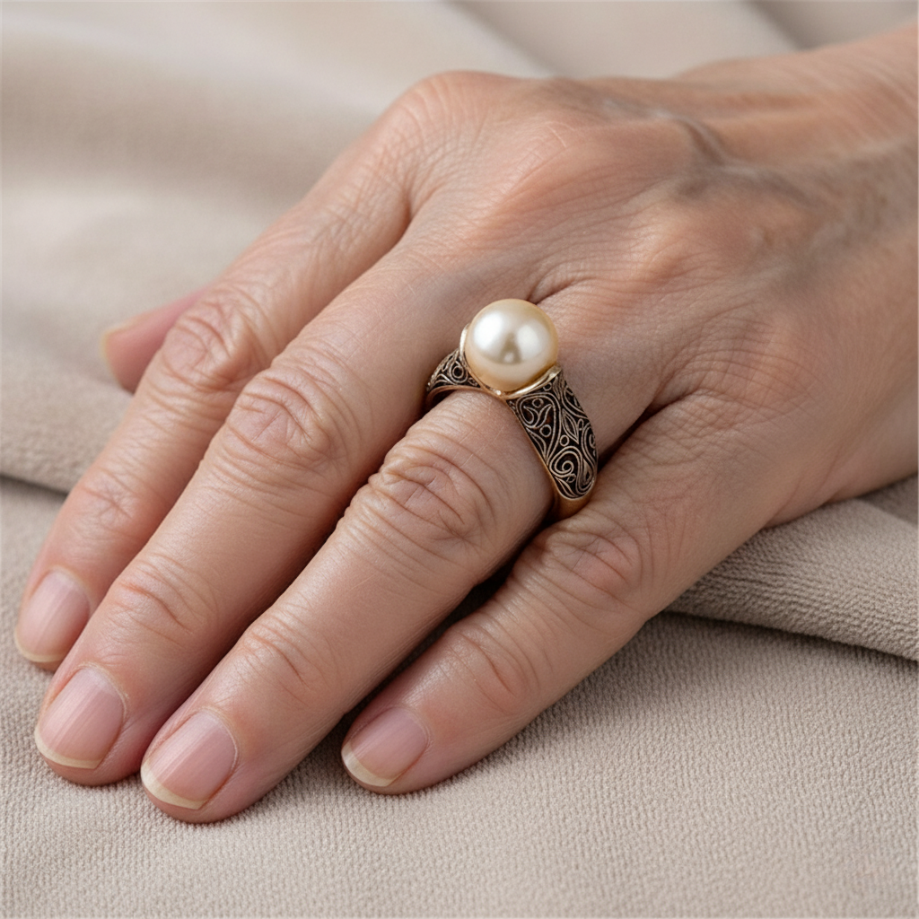 Ring met parellook en geëtste roségoudkleurige band