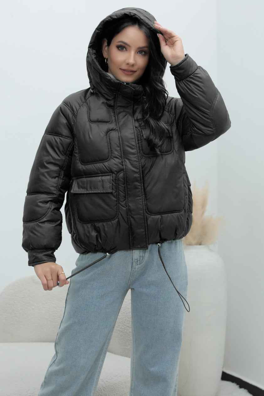 Quilted Hooded Jacket with High Collar and Drawstring Hem