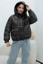 Quilted Hooded Jacket with High Collar and Drawstring Hem