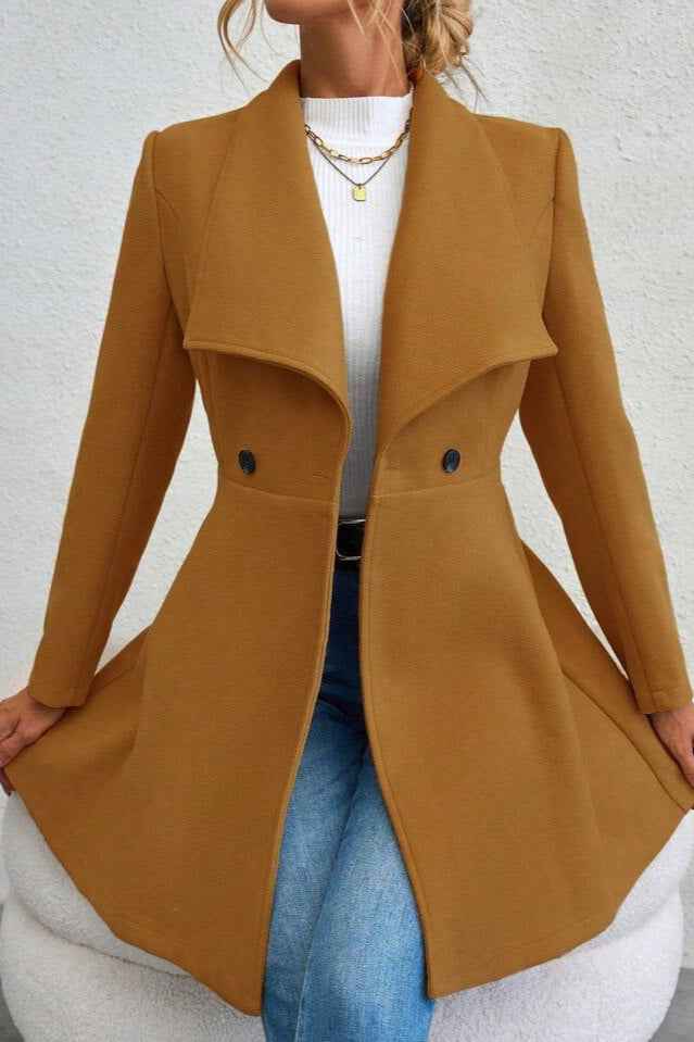 Slim Fit Longline Coat with Notched Collar and Defined Waist