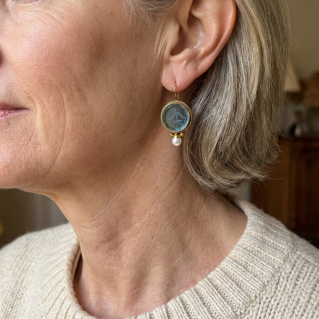 Aqua Carved Stone and Pearl Drop Earrings