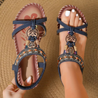 Beaded Flat T-Strap Sandals with Patterned Footbed