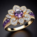 Gold-Tone Floral Purple Crystal Ring