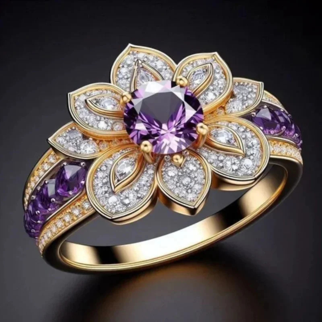 Gold-Tone Floral Purple Crystal Ring