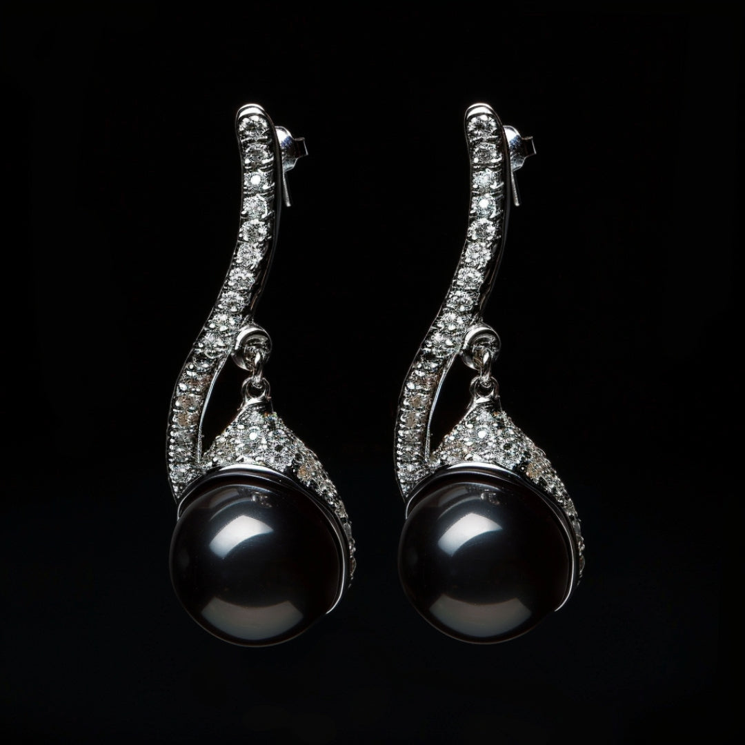 Black Pearl Drop Earrings with Pavé Curve