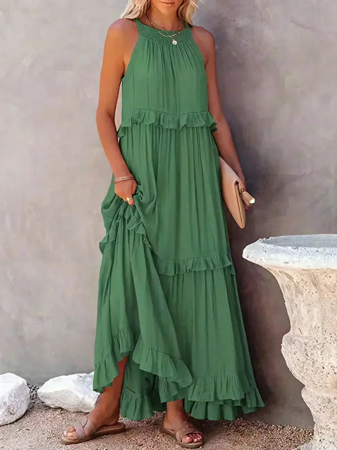 Sleeveless Halter Tiered Ruffle Maxi Dress