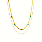 Double-Layer Snake Chain Necklace with Green Stones