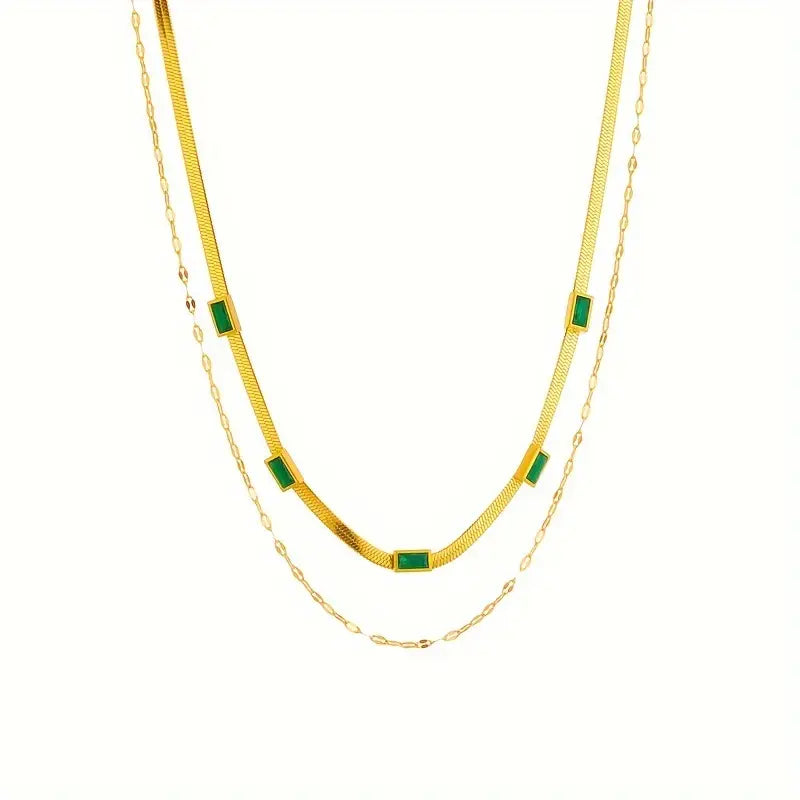 Double-Layer Snake Chain Necklace with Green Stones
